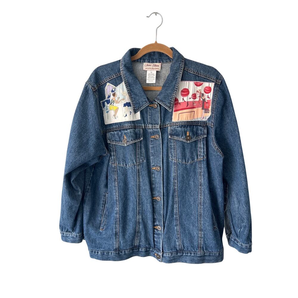 VTG Jane Elissa Artistic Creations Denim New York City Applique Denim Jacket 1X